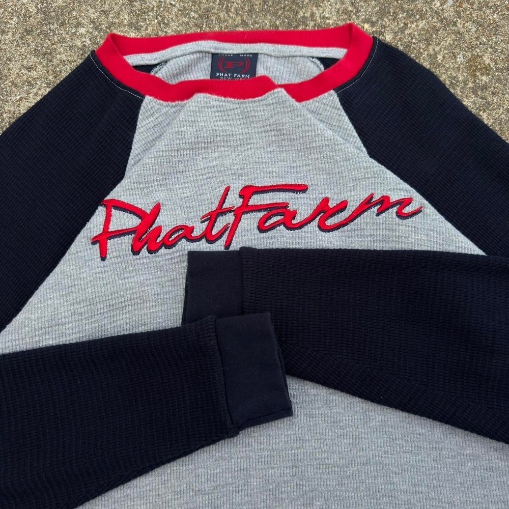 Vintage Y2K Phat Farm Thermal Waffle Knit Spellout Gray Red Shirt Large (d9)